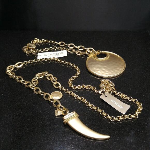 Chico's Two Pendant Necklace Set, Gold Tone Pendant, Faux Horn, NWT,  16 & 28 In - Picture 6 of 8